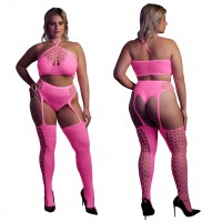 Two Piece With Crop Top & Stockings - Plus Size - Neon Pink
