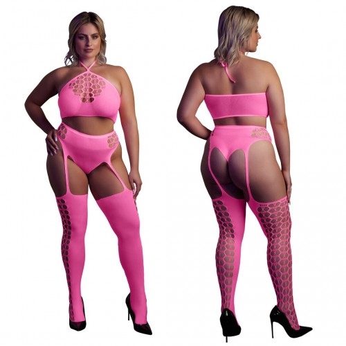 Ouch Two Piece With Crop Top & Stockings Neonrosa plus size – sexig nätbodystocking som lyser under UV-ljus och blacklight