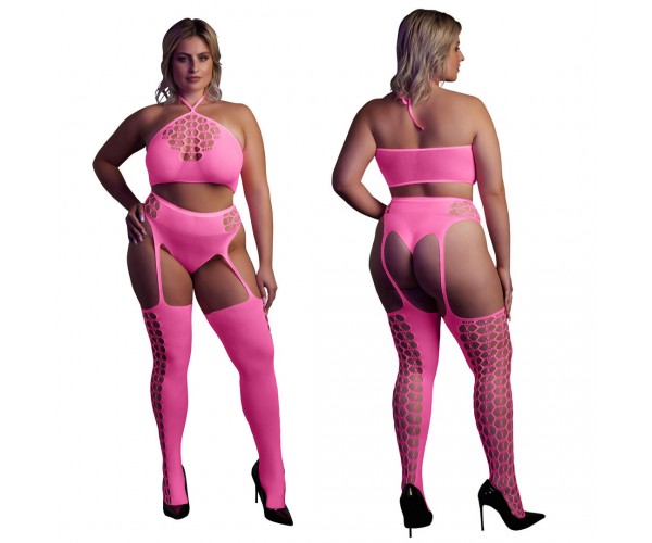 Ouch Two Piece With Crop Top & Stockings Neonrosa plus size – sexig nätbodystocking som lyser under UV-ljus och blacklight