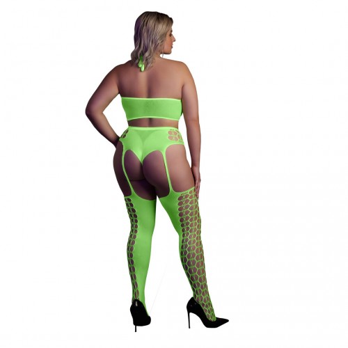 Ouch Two Piece With Crop Top & Stockings Neongrön plus size – sexig nätbodystocking som lyser under UV-ljus och blacklight
