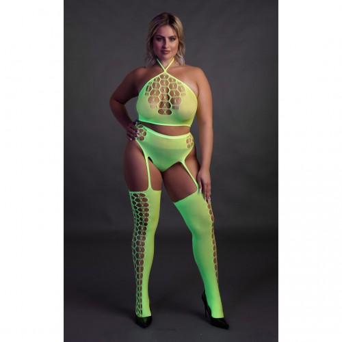 Ouch Two Piece With Crop Top & Stockings Neongrön plus size – sexig nätbodystocking som lyser under UV-ljus och blacklight