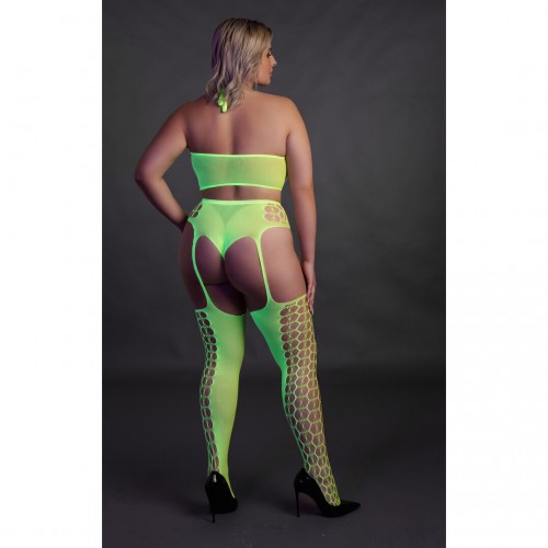 Ouch Two Piece With Crop Top & Stockings Neongrön plus size – sexig nätbodystocking som lyser under UV-ljus och blacklight
