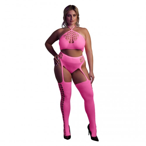 Ouch Two Piece With Crop Top & Stockings Neonrosa plus size – sexig nätbodystocking som lyser under UV-ljus och blacklight