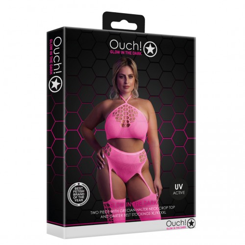Ouch Two Piece With Crop Top & Stockings Neonrosa plus size – sexig nätbodystocking som lyser under UV-ljus och blacklight