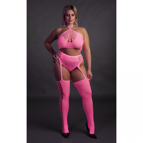 Ouch Two Piece With Crop Top & Stockings Neonrosa plus size – sexig nätbodystocking som lyser under UV-ljus och blacklight