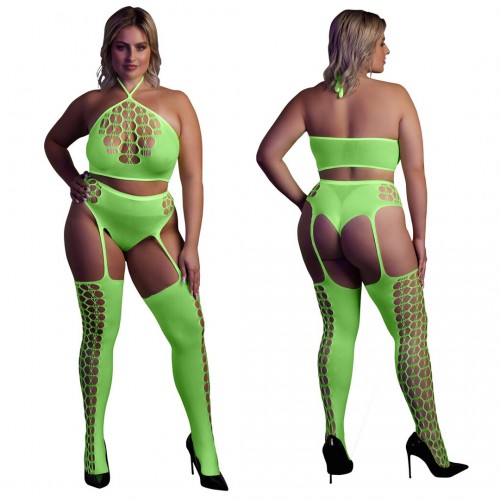 Ouch Two Piece With Crop Top & Stockings Neongrön plus size – sexig nätbodystocking som lyser under UV-ljus och blacklight