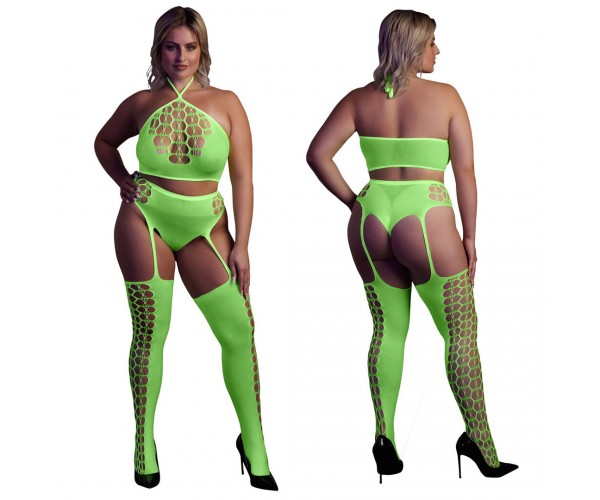 Ouch Two Piece With Crop Top & Stockings Neongrön plus size – sexig nätbodystocking som lyser under UV-ljus och blacklight