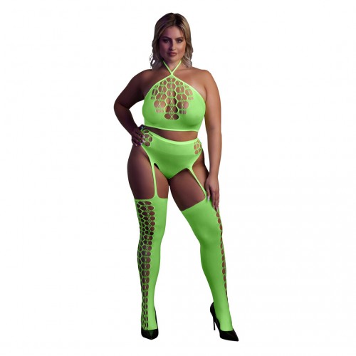 Ouch Two Piece With Crop Top & Stockings Neongrön plus size – sexig nätbodystocking som lyser under UV-ljus och blacklight
