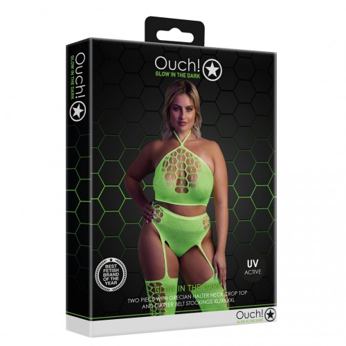 Ouch Two Piece With Crop Top & Stockings Neongrön plus size – sexig nätbodystocking som lyser under UV-ljus och blacklight