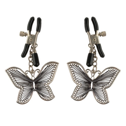 Pipedream Butterfly Nipple Clamps justerbara bröstvårtsklämmor i metall med mjuk gummibeklädnad och fjärilsformade hängen