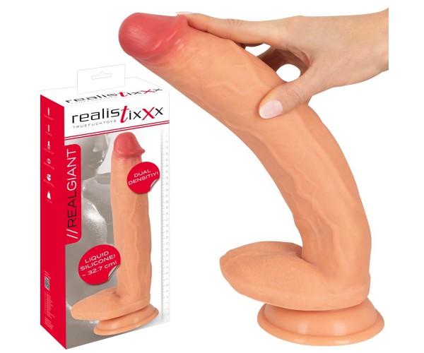 Realistixxx Real Giant realistisk jättedildo i ljus hudfärg PVC med sugkopp och stark ädering – 1,5 kg naturtrogen dildo