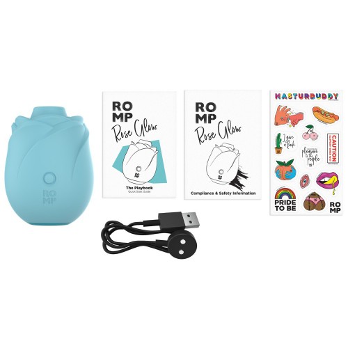 ROMP Rose Glow turkos lufttrycksvibrator med Pleasure Air-teknologi – rosformad klitorisstimulator med 10 intensiteter och vattentät design