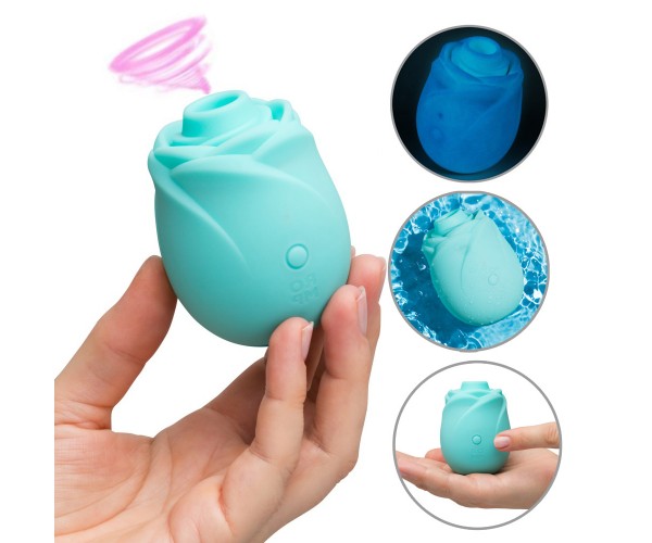 ROMP Rose Glow turkos lufttrycksvibrator med Pleasure Air-teknologi – rosformad klitorisstimulator med 10 intensiteter och vattentät design