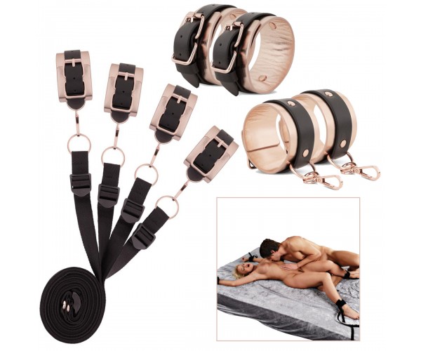 Rosy Gold Under The Mattress Restraint Bondage Set – lyxigt sängbondage med roseguld-detaljer och justerbara bojor för handleder och fotleder