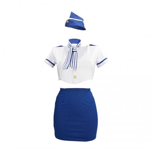 S-Line by Shots flygvärdinnekostym blå och vit S/M med minikjol blus halsscarf och flygvärdinnehatt – sexig rollspelskostym för maskerad och fantasy