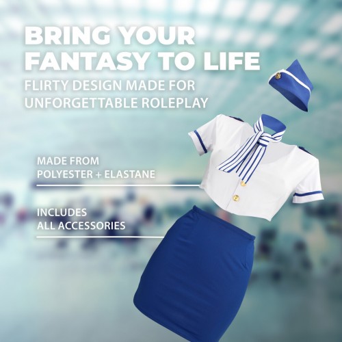 S-Line by Shots flygvärdinnekostym blå och vit S/M med minikjol blus halsscarf och flygvärdinnehatt – sexig rollspelskostym för maskerad och fantasy