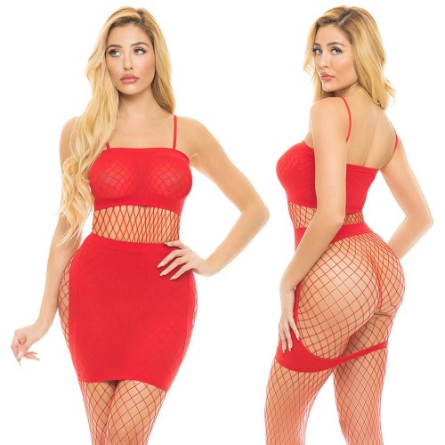 Pink Lipstick Lingerie Set The Tone rod 3-delad fisknatsoutfit med croppad topp kjol och stockings