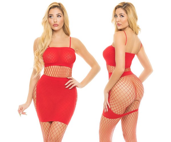 Pink Lipstick Lingerie Set The Tone rod 3-delad fisknatsoutfit med croppad topp kjol och stockings