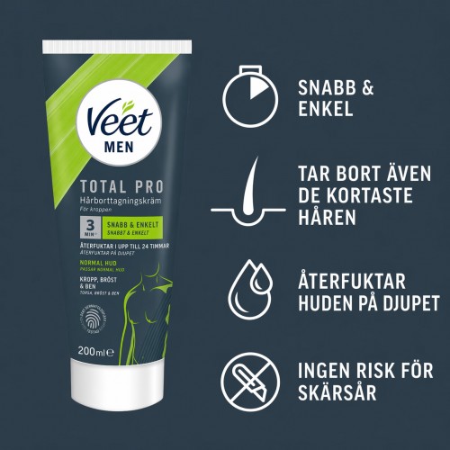 Veet Men Total Pro Hair Removal Cream 200ml – hårborttagningskräm för mäns kropp med Silk & Fresh-teknologi