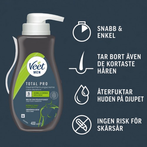Veet Men Total Pro Hair Removal Cream 400ml – hårborttagningskräm för männs kropp med Silk & Fresh-teknologi