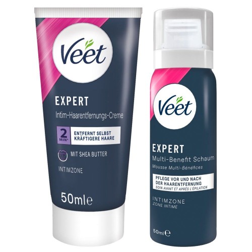 Veet Woman Expert Intimate Hair Removal Cream och Foam Balm Set 2x50ml – intimdepilering med sheasmör för alla hudtyper